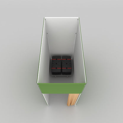 Compact exhibition storage unit with secure cases and hanging curtain for trade shows and events