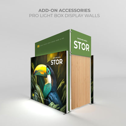 Trade show display with pro light box walls featuring vibrant toucan graphic and storage space