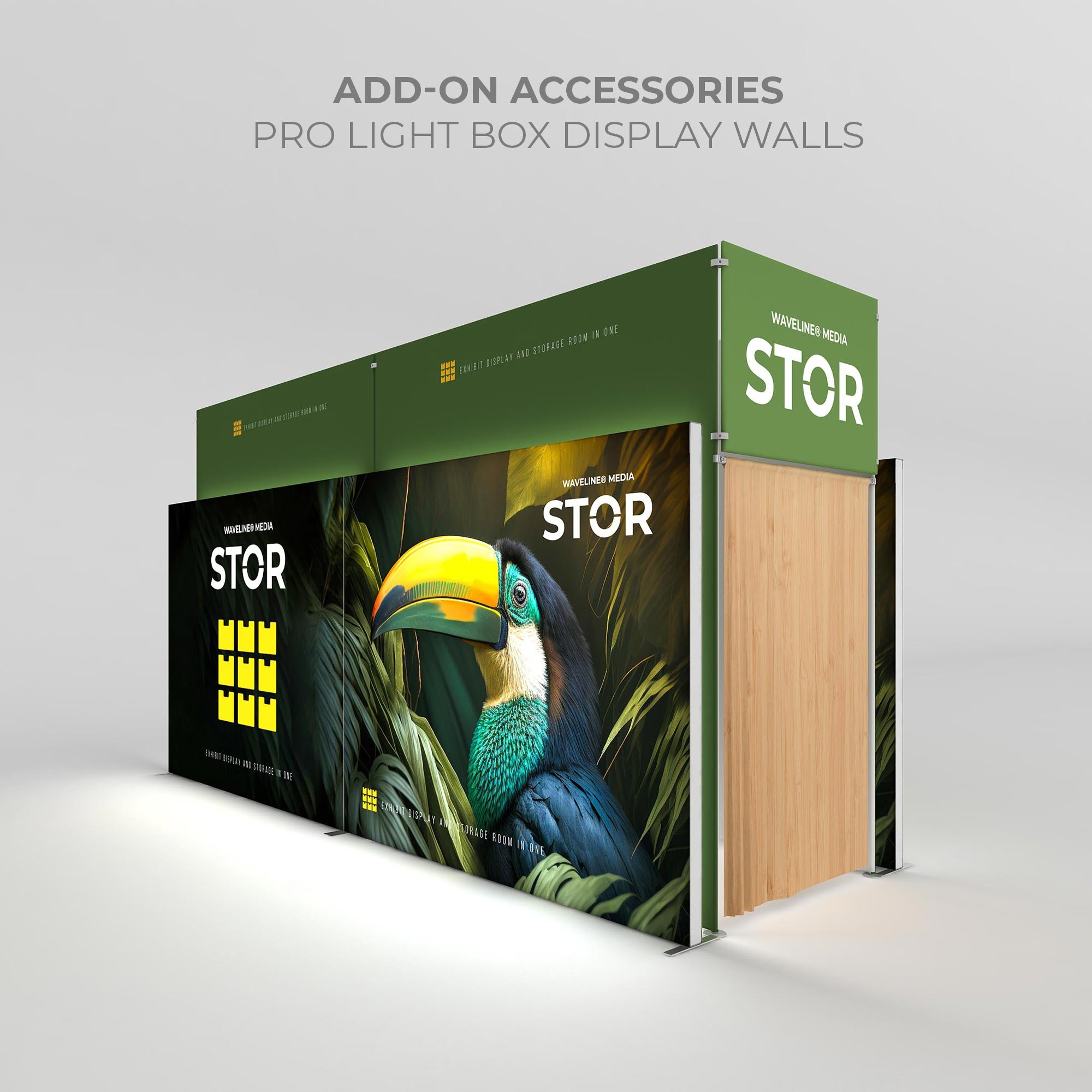 Trade show pro light box display walls with vibrant tropical toucan graphic for exhibition storage room
