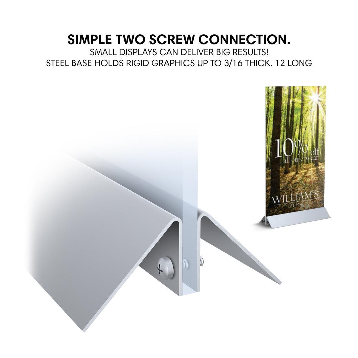 Two screw steel tabletop mount holding rigid graphic sign for trade shows and exhibitions