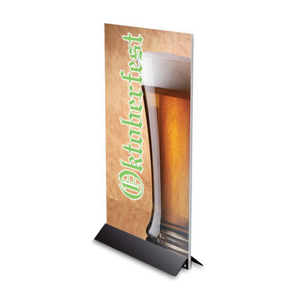Tabletop sign holder displaying Oktoberfest beer graphic for trade shows and events