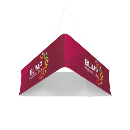 Triangular hanging display sign for trade shows and exhibitions with printed logo and text