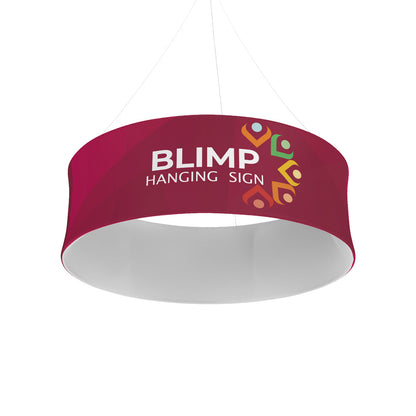 Circular hanging blimp sign with logo and text for trade show and exhibition displays