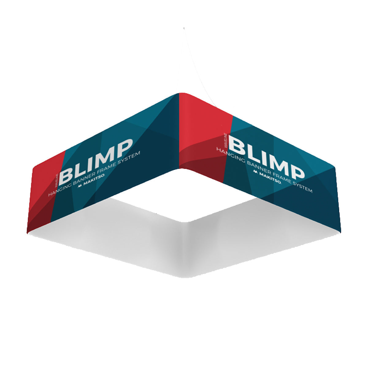 Suspended square hanging banner frame system branded BLIMP for trade shows and exhibitions