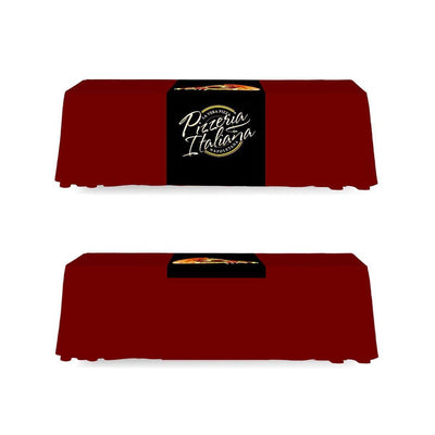 Trade show table with branded table runner and centerpiece featuring Pizzeria Italiana logo and pizza image
