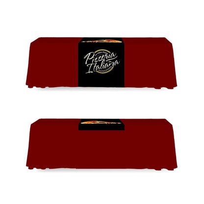 Trade show table with branded table runner and centerpiece featuring Pizzeria Italiana logo and pizza image