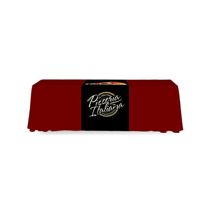 Trade show table with branded table runner featuring Italian pizzeria logo for exhibitions and events