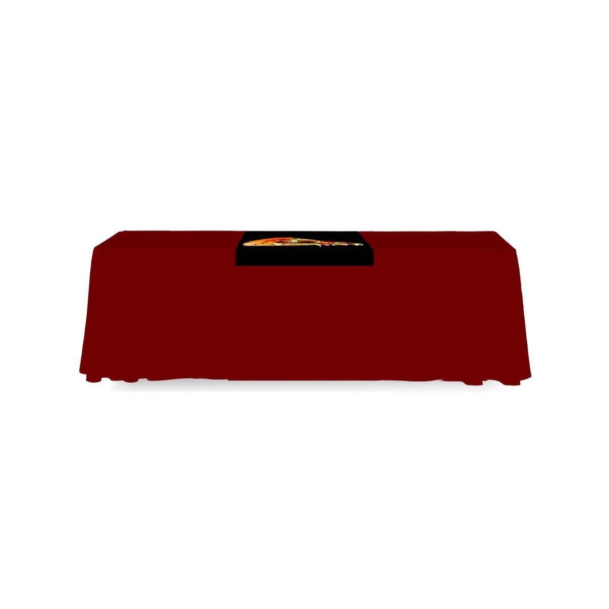 Table setup with branded table runner and compact display case for trade shows and events