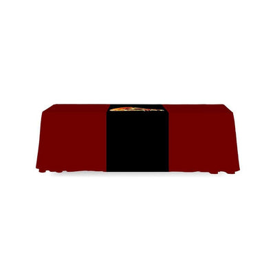 Table with promotional table runner featuring logo for trade shows and exhibition displays