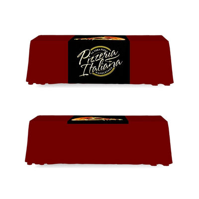 Table runner with Pizzeria Italiana logo displayed on trade show or exhibition table setup