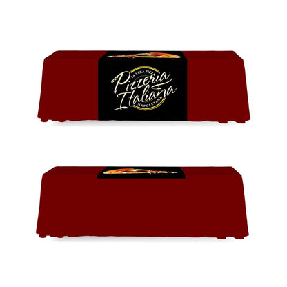Table runner with Pizzeria Italiana logo displayed on trade show or exhibition table setup