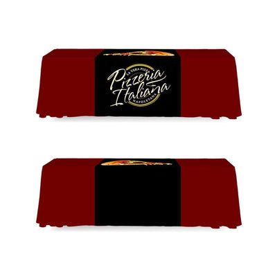 Custom table runners with Pizzeria Italiana logo for trade shows and exhibition displays