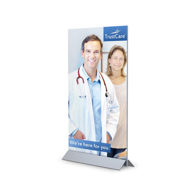 freestanding sign holder displaying medical professionals for trade shows and exhibitions