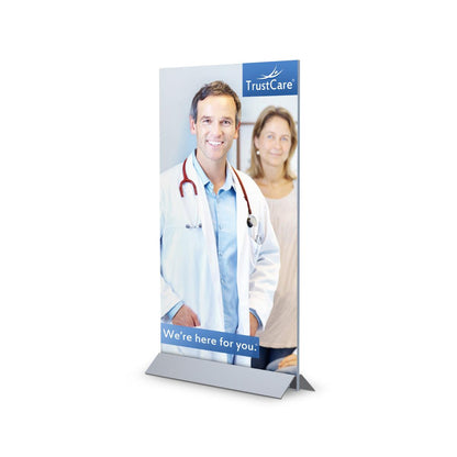 freestanding sign holder displaying medical professionals for trade shows and exhibitions