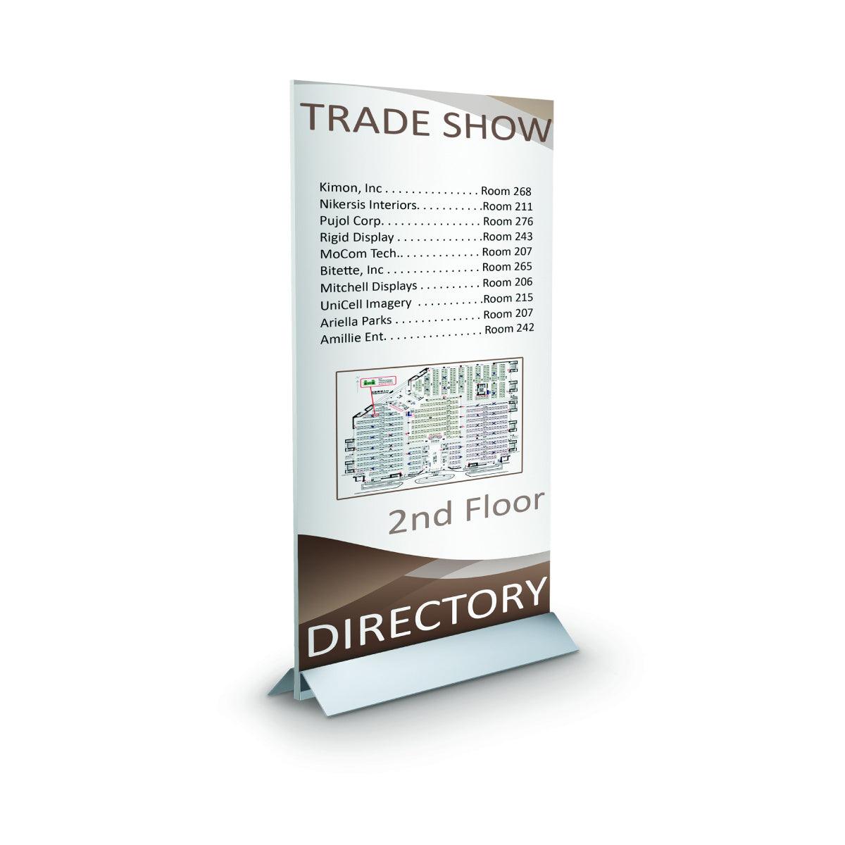 Portable directory sign holder displaying trade show exhibitor list and floor map for events