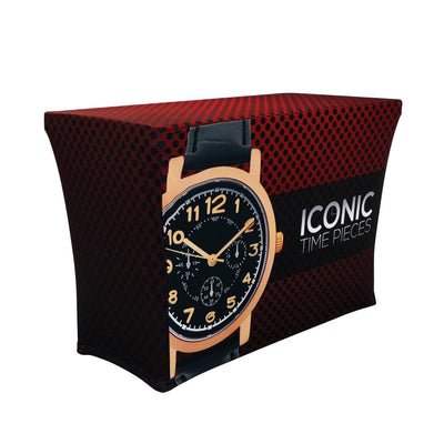 Stretch table throw with watch graphic and branding for trade shows and exhibitions