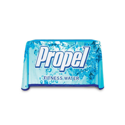 Custom printed full coverage table throw with Propel Fitness Water branding for trade shows and exhibitions
