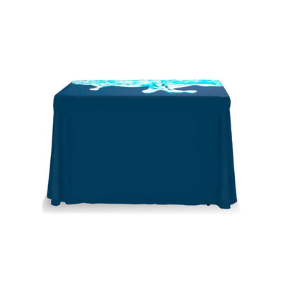 4ft trade show table with custom printed table throw featuring a blue gecko design for exhibitions and events