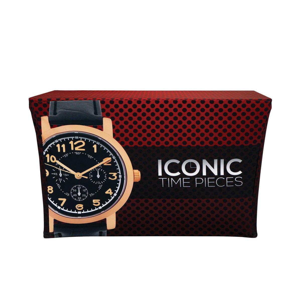 4ft stretch table cover with watch graphic and Iconic Time Pieces branding for trade shows