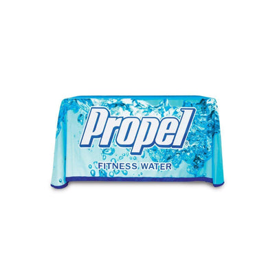 4ft custom printed table throw with Propel Fitness Water branding for trade show displays