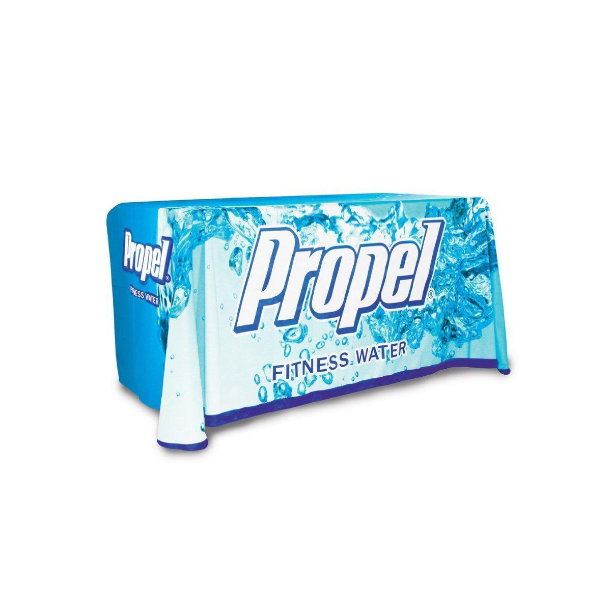 Custom printed table throw with Propel Fitness Water branding for trade shows and exhibitions