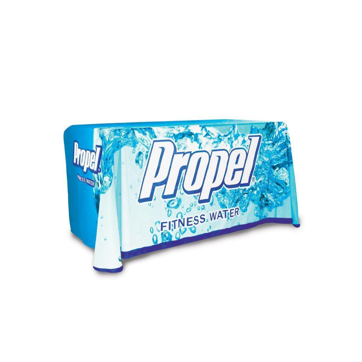 Trade show table throw with Propel Fitness Water branding for exhibitions and special events