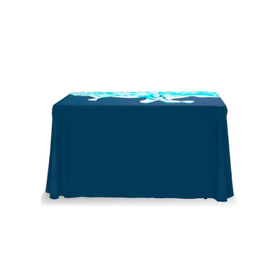 Custom full table throw designed for trade shows, exhibitions, and special events display