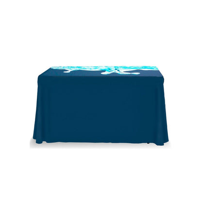 Custom full table throw designed for trade shows, exhibitions, and special events display