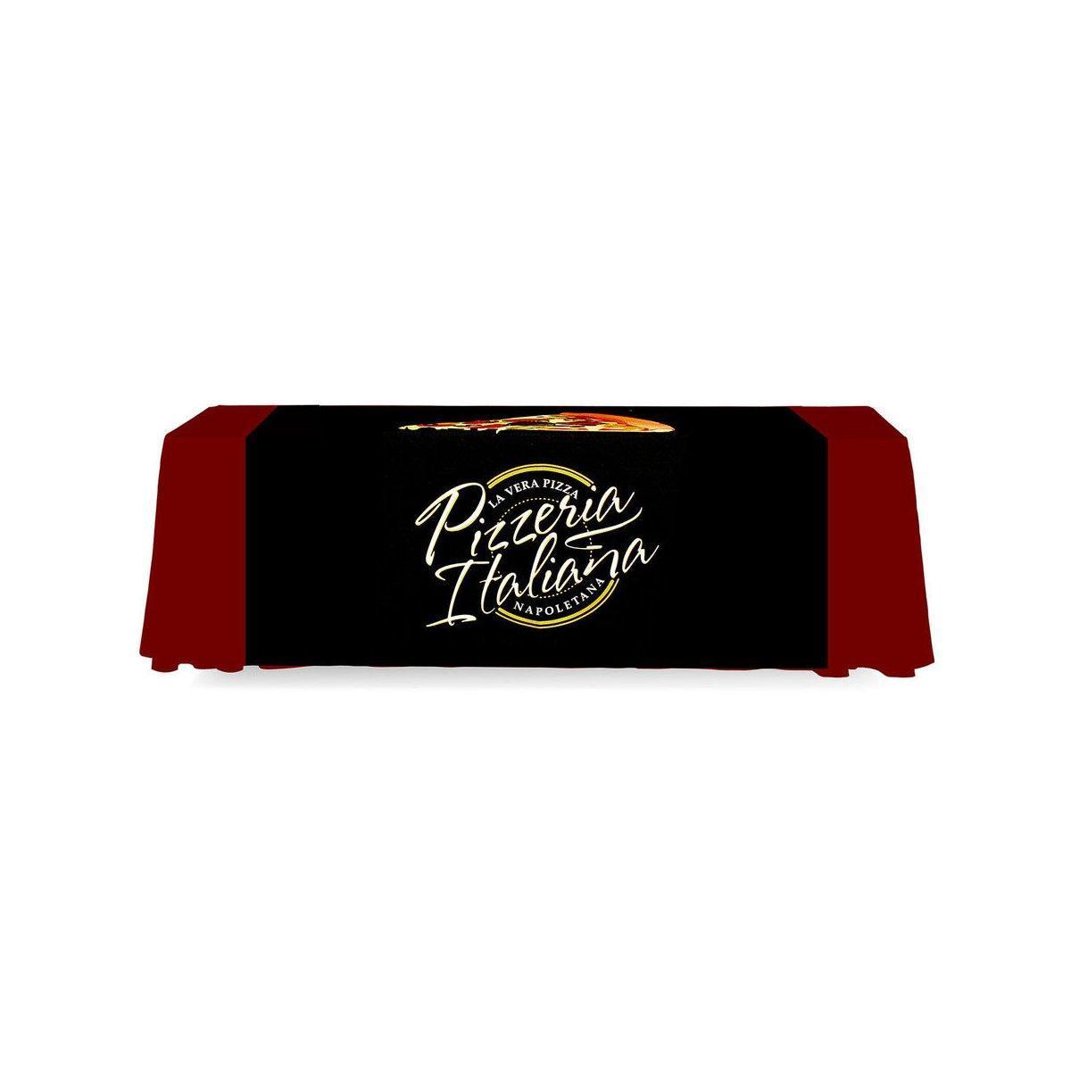 Trade show table with custom printed table cover featuring Pizzeria Italiana branding for exhibitions and events