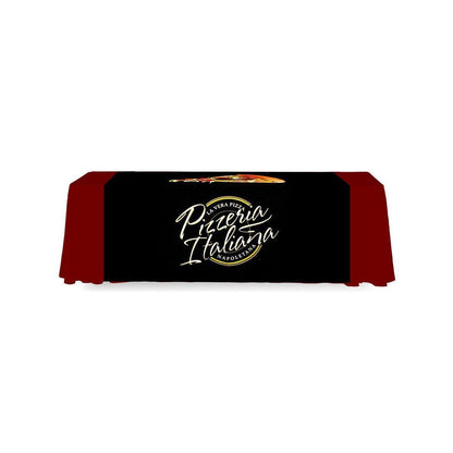 Trade show table with custom printed table cover featuring Pizzeria Italiana branding for exhibitions and events