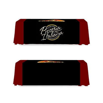 Custom table covers with printed logo for trade shows and exhibitions showcasing pizza branding