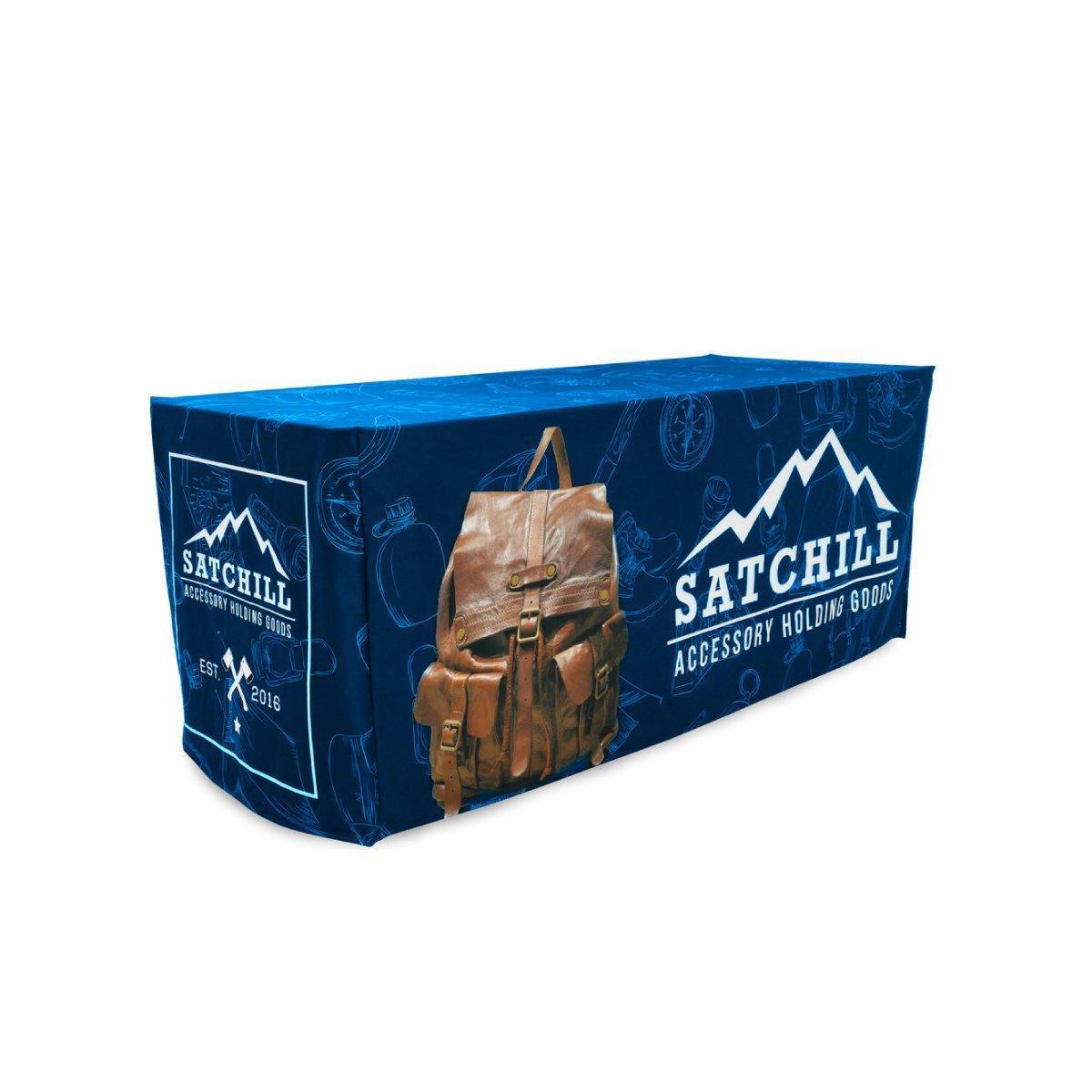 Full fitted trade show table cover with branded design for exhibitions and special events