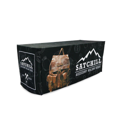 6ft custom printed fitted table throw for trade shows showcasing brand logo and backpack graphic