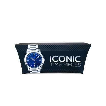 Custom stretch table cover for trade shows featuring watch graphic and Iconic Time Pieces branding