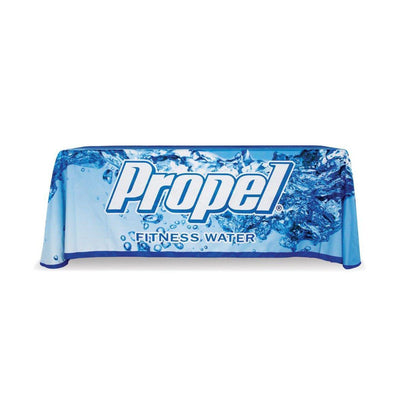 Full-length custom table throw with Propel fitness water branding for trade shows and events