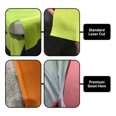 Close-up comparison of table covering finishing options for trade shows including standard laser cut and premium sewn hem
