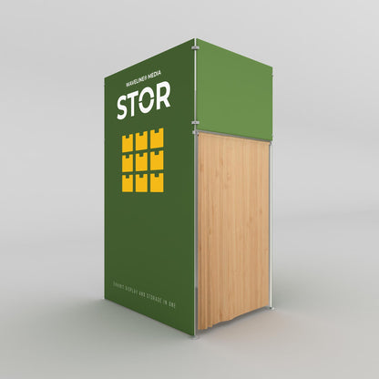 Trade show exhibit storage unit with curtain, designed for exhibition display and event organization