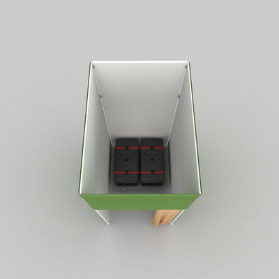 Compact trade show storage booth with secure cases and side hanging area for events and exhibitions