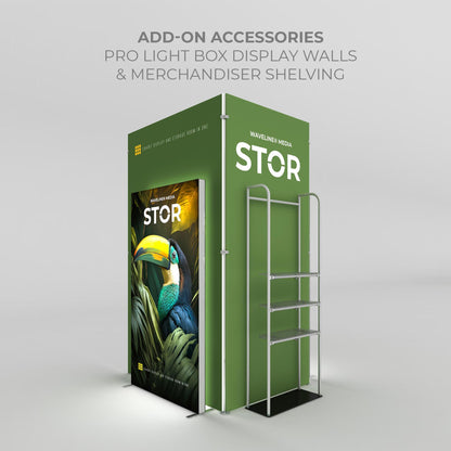 Exhibition display booth with pro light box walls and merchandiser shelving for trade shows and events