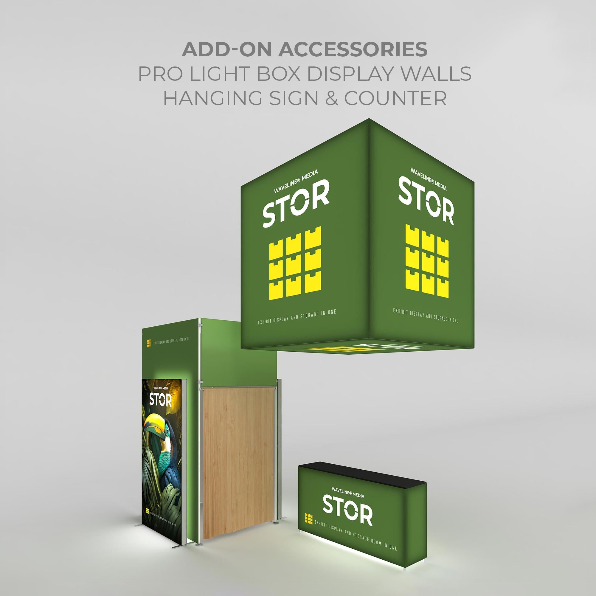 Exhibit display and storage booth with hanging sign and counter for trade shows and exhibitions