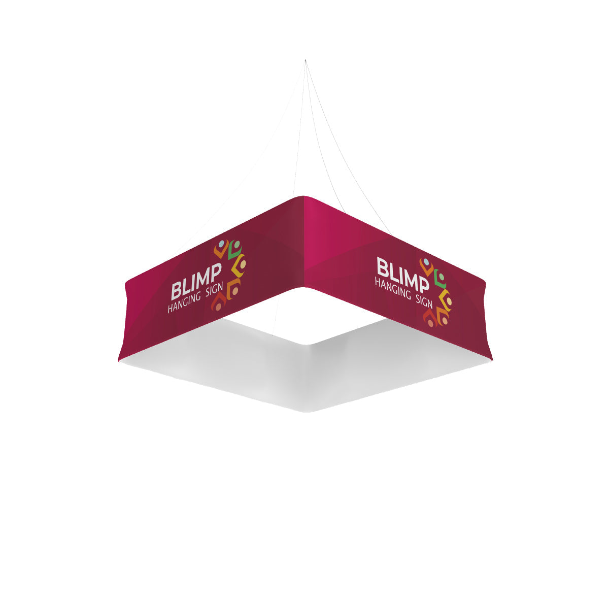 Square hanging blimp sign with company branding for trade show and exhibition advertising