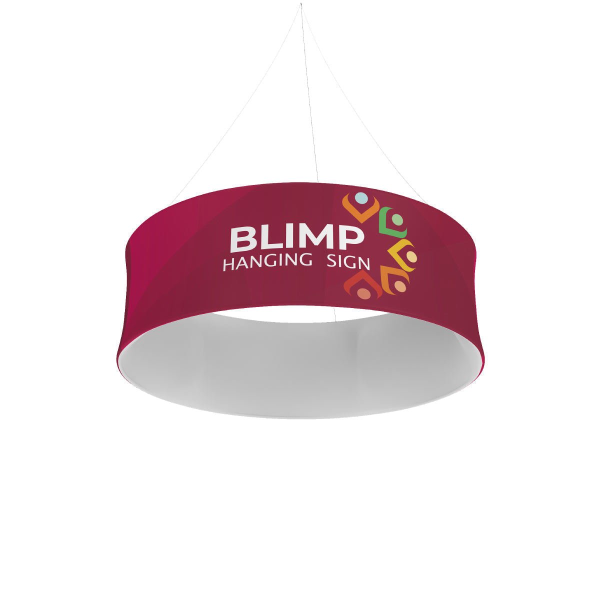 Large circular hanging blimp sign for trade shows and exhibitions with graphic and text