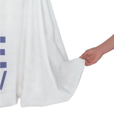 Convertible table throw fabric shown held by hand, designed for trade shows and exhibitions