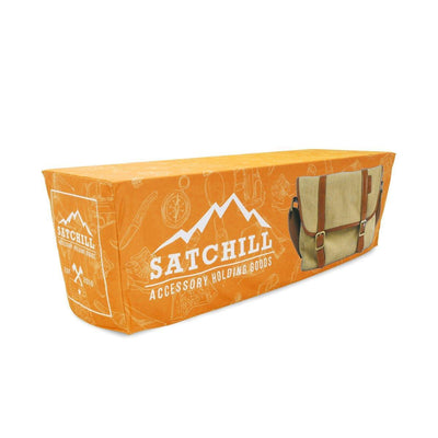 8ft full fitted trade show table throw with Satchill branding for exhibitions and special events