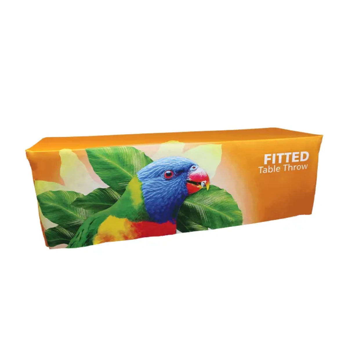 Fitted table throw with vibrant bird and leaf design for trade shows and special events