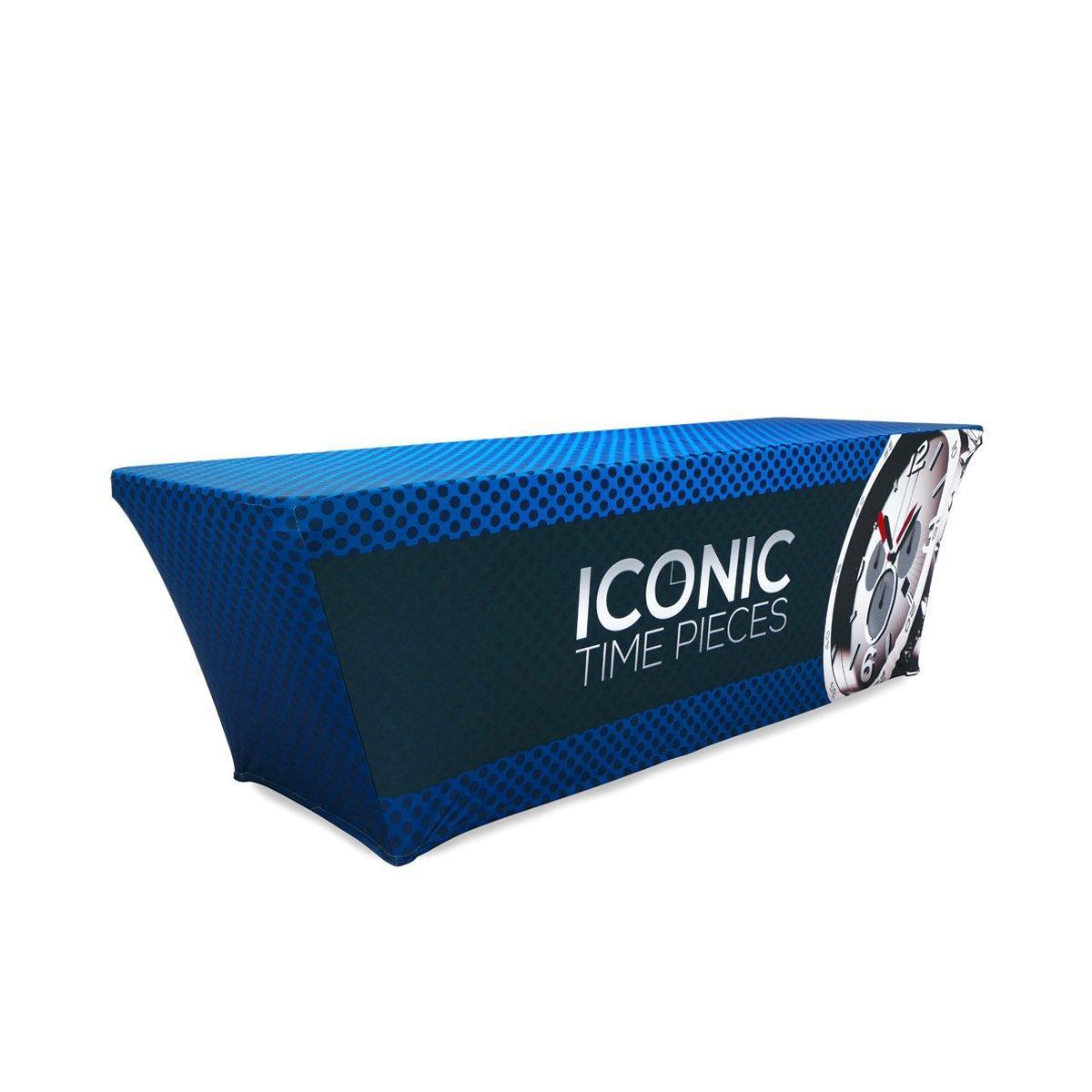 8ft stretch table throw with custom printed branding for trade shows and exhibitions
