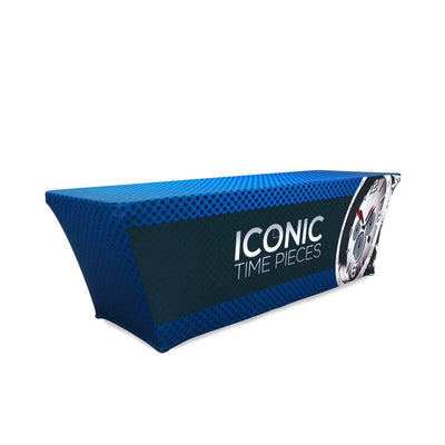 8ft stretch table throw with custom printed branding for trade shows and exhibitions