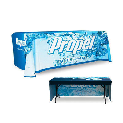 8ft custom table throw with Propel fitness water branding for trade shows and events