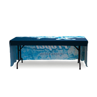 8ft economy trade show table cover with custom water-themed branding for exhibitions and events