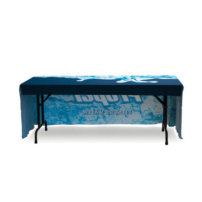 8ft economy trade show table cover with custom water-themed branding for exhibitions and events